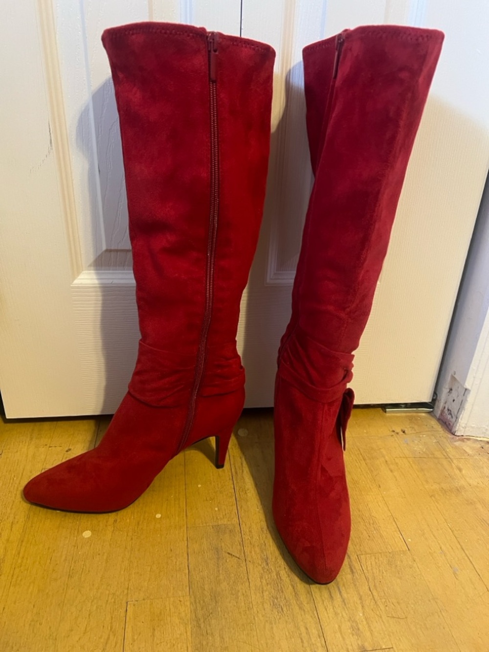 Anastasia Crimson Suede Knee-High Stiletto Boots